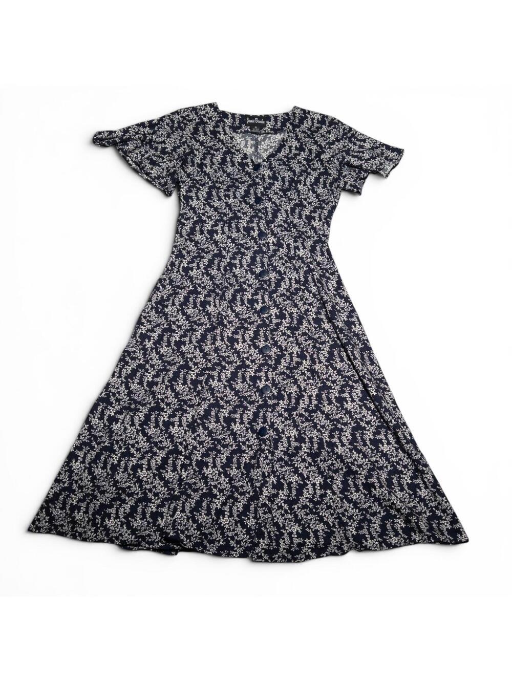 Vintage 90s Navy Blue Floral Rayon Button Down Dress Medium - Picture 2 of 4